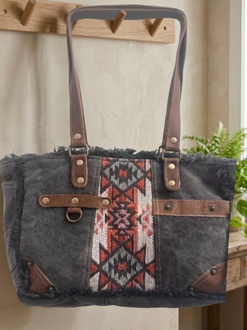Myra Bag Boho Chic Gray Tote Bag with Aztec Accent